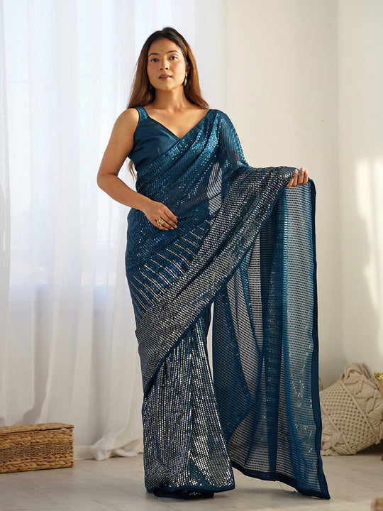 Teal Georgette Embellished Sequined Saree Saree With Blouse Piece Teal Georgette Embellished Sequined Saree Saree With Blouse Piece