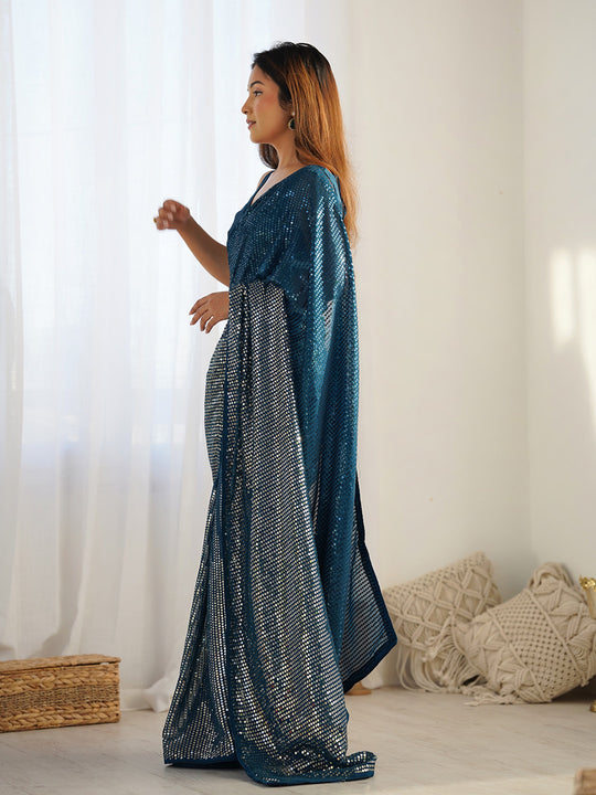 Teal Georgette Embellished Sequined Saree Saree With Blouse Piece Teal Georgette Embellished Sequined Saree Saree With Blouse Piece