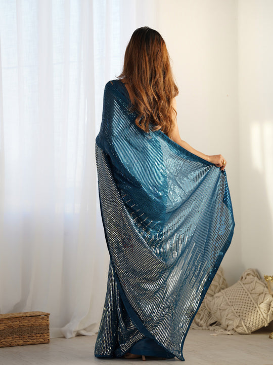 Teal Georgette Embellished Sequined Saree Saree With Blouse Piece Teal Georgette Embellished Sequined Saree Saree With Blouse Piece