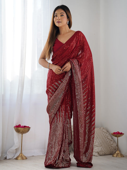 Red Georgette Embellished Sequined Saree Saree With Blouse Piece Red Georgette Embellished Sequined Saree Saree With Blouse Piece