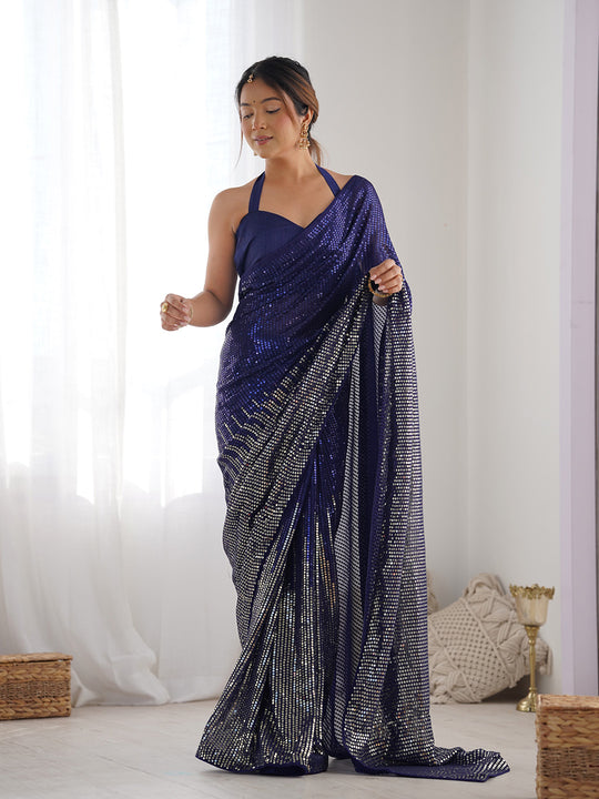 Blue Georgette Embellished Sequined Saree Saree With Blouse Piece Blue Georgette Embellished Sequined Saree Saree With Blouse Piece