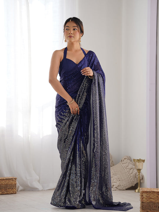 Blue Georgette Embellished Sequined Saree Saree With Blouse Piece Blue Georgette Embellished Sequined Saree Saree With Blouse Piece
