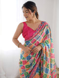 Multicolor Chinon Printed Designer Saree Saree With Blouse Piece Multicolor Chinon Printed Designer Saree Saree With Blouse Piece