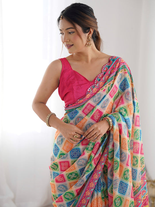 Multicolor Chinon Printed Designer Saree Saree With Blouse Piece Multicolor Chinon Printed Designer Saree Saree With Blouse Piece