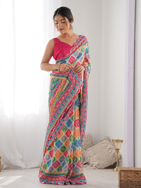 Multicolor Chinon Printed Designer Saree Saree With Blouse Piece Multicolor Chinon Printed Designer Saree Saree With Blouse Piece