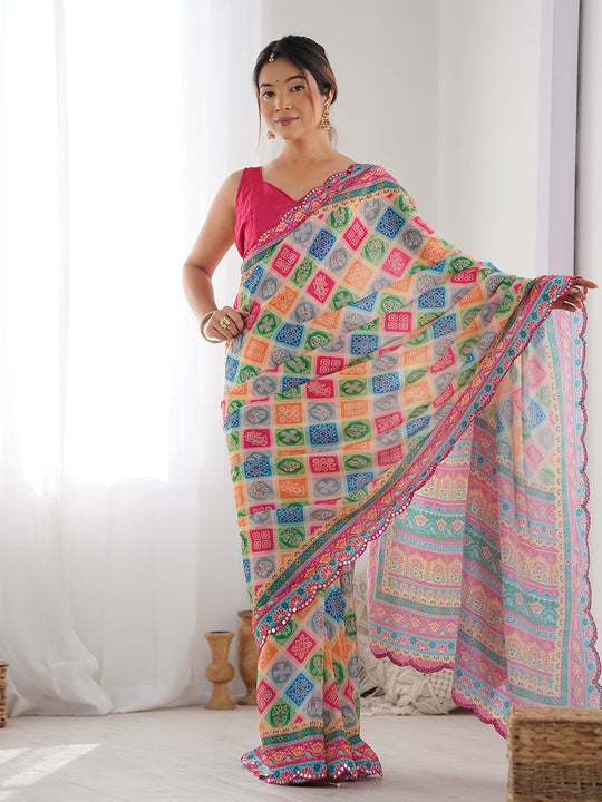 Multicolor Chinon Printed Designer Saree Saree With Blouse Piece Multicolor Chinon Printed Designer Saree Saree With Blouse Piece
