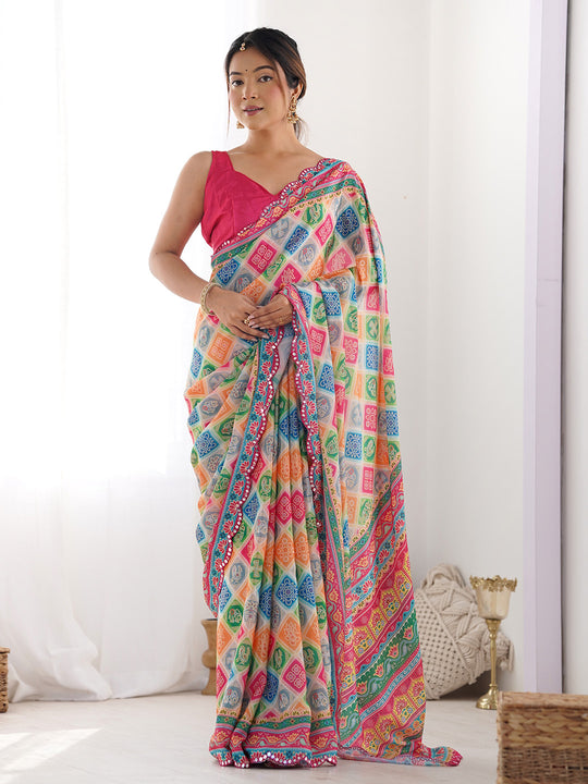 Multicolor Chinon Printed Designer Saree Saree With Blouse Piece Multicolor Chinon Printed Designer Saree Saree With Blouse Piece