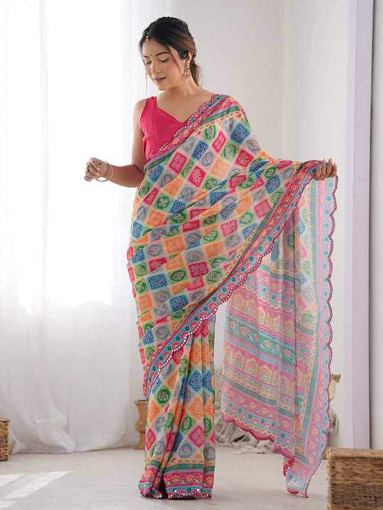 Multicolor Chinon Printed Designer Saree Saree With Blouse Piece Multicolor Chinon Printed Designer Saree Saree With Blouse Piece