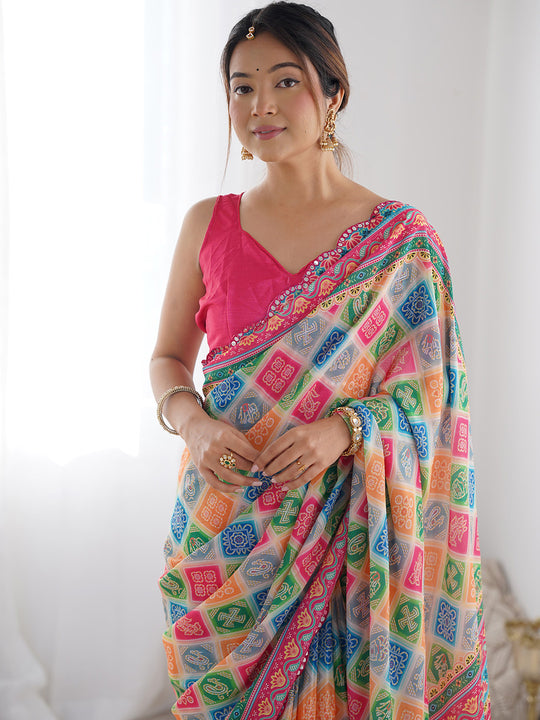 Multicolor Chinon Printed Designer Saree Saree With Blouse Piece Multicolor Chinon Printed Designer Saree Saree With Blouse Piece