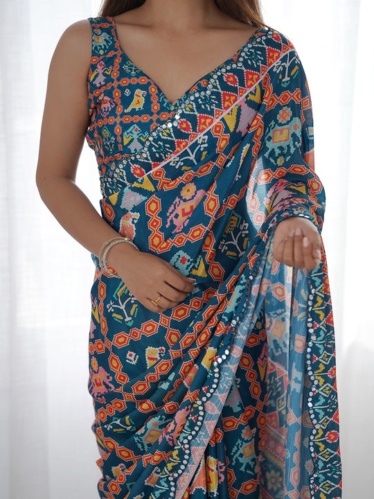 Multicolor Chinon Printed Designer Saree Saree With Blouse Piece Multicolor Chinon Printed Designer Saree Saree With Blouse Piece