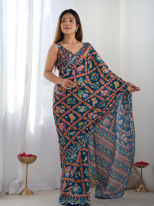 Multicolor Chinon Printed Designer Saree Saree With Blouse Piece Multicolor Chinon Printed Designer Saree Saree With Blouse Piece