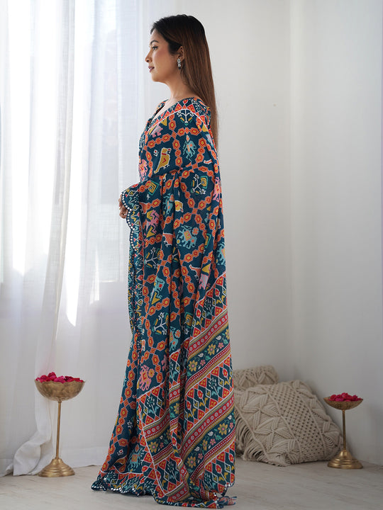 Multicolor Chinon Printed Designer Saree Saree With Blouse Piece Multicolor Chinon Printed Designer Saree Saree With Blouse Piece