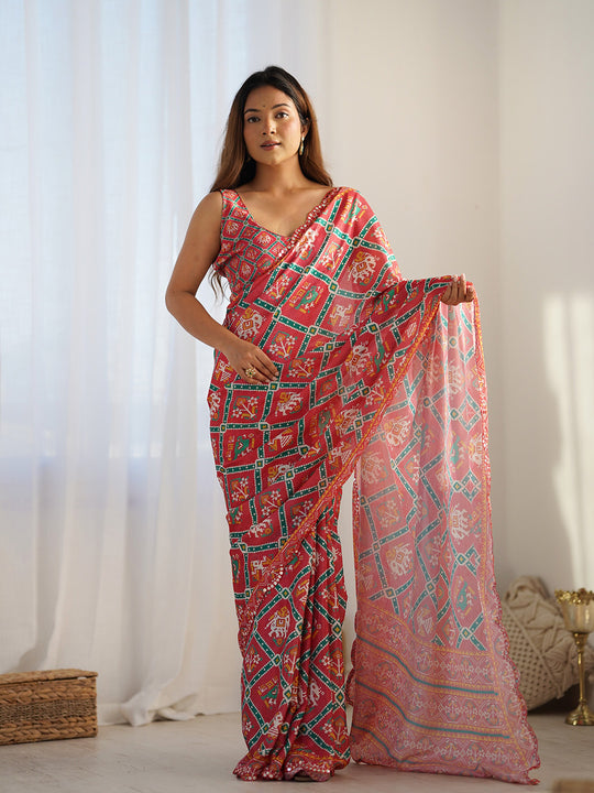 Red Chinon Printed Designer Saree Saree With Blouse Piece Red Chinon Printed Designer Saree Saree With Blouse Piece