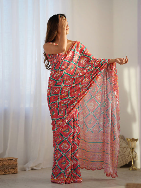Red Chinon Printed Designer Saree Saree With Blouse Piece Red Chinon Printed Designer Saree Saree With Blouse Piece
