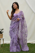 Purple Organza Saree with Purple Blouse Piece Purple Organza Saree with Purple Blouse Piece