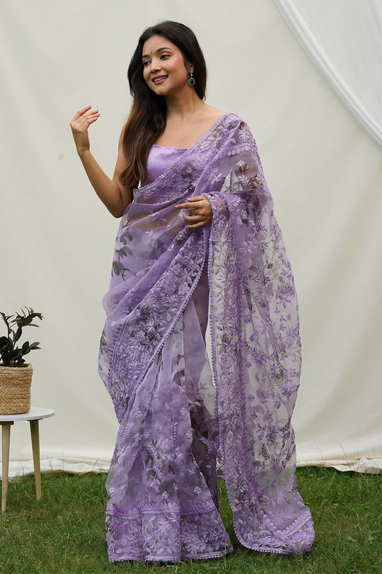 Purple Organza Saree with Purple Blouse Piece Purple Organza Saree with Purple Blouse Piece