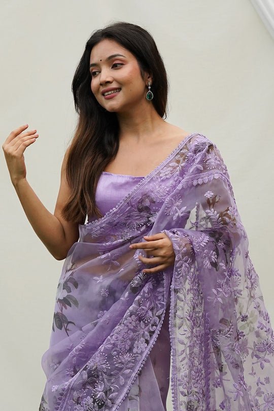 Purple Organza Saree with Purple Blouse Piece Purple Organza Saree with Purple Blouse Piece