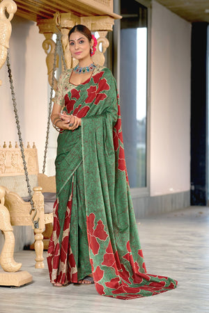 Green Hand Block Print Mulmul Cotton Sarees Saree With Blouse Piece