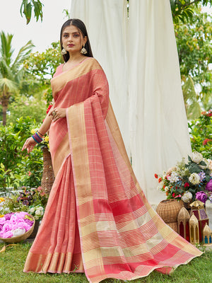 Peach Tissue Mosqus Saree With Blouse Piece