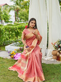 Peach Tissue Mosqus Saree With Blouse Piece Peach Tissue Mosqus Saree With Blouse Piece