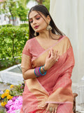 Peach Tissue Mosqus Saree With Blouse Piece Peach Tissue Mosqus Saree With Blouse Piece
