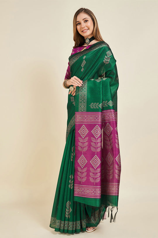 Green Silk  Ethnic Motifs Printed Saree Green Silk  Ethnic Motifs Printed Saree