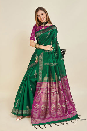 Green Silk Ethnic Motifs Printed Saree