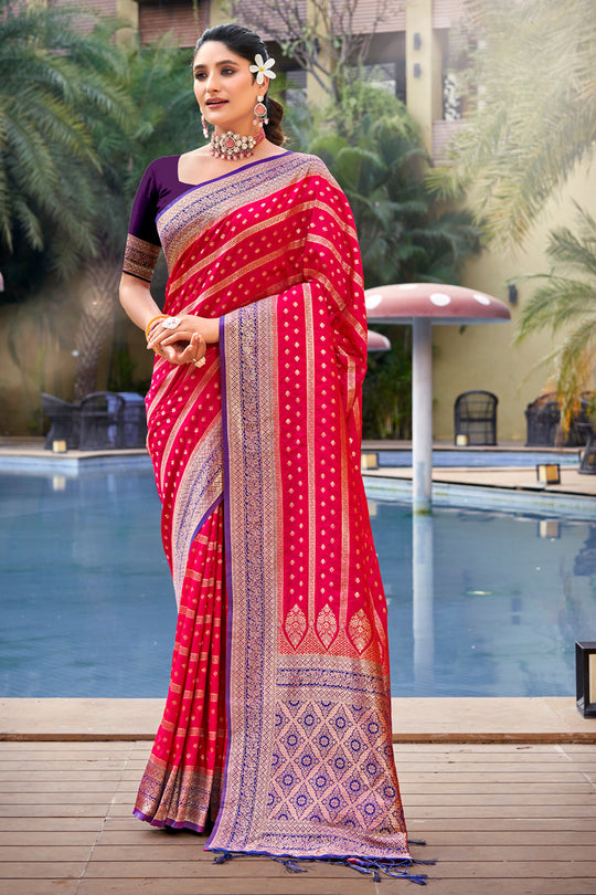 Red Banarasi Silk Saree With Blouse Piece Red Banarasi Silk Saree With Blouse Piece