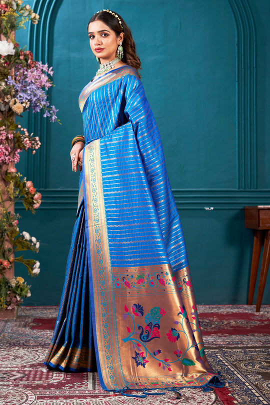 Blue Paithani Silk Saree With Blouse Piece Blue Paithani Silk Saree With Blouse Piece