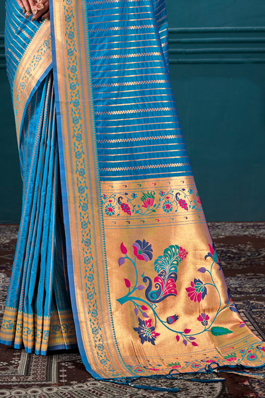 Blue Paithani Silk Saree With Blouse Piece Blue Paithani Silk Saree With Blouse Piece