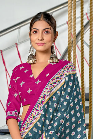 Sky Blue Pure Mulmul Cotton Hand Block Print Saree With Blouse Piece
