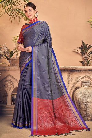 Womens Cotton Blue Saree With Blouse Piece