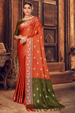Womens Cotton Orange Saree With Blouse Piece