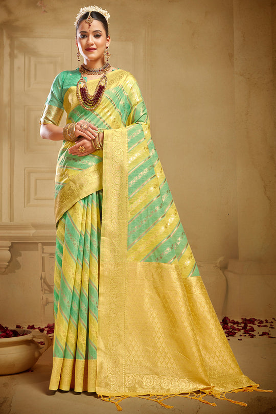 Green And Yellow Linen Blend Saree Green And Yellow Linen Blend Saree