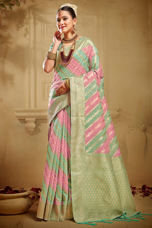 Green And Pink Linen Blend Saree