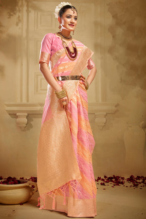 Pink And Peach Linen Blend Saree