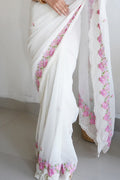 White Georgette Saree With Blouse Piece