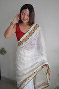 Off White Georgette Saree with Red Blouse Piece Off White Georgette Saree with Red Blouse Piece