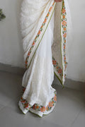 Off White Georgette Saree with Red Blouse Piece Off White Georgette Saree with Red Blouse Piece