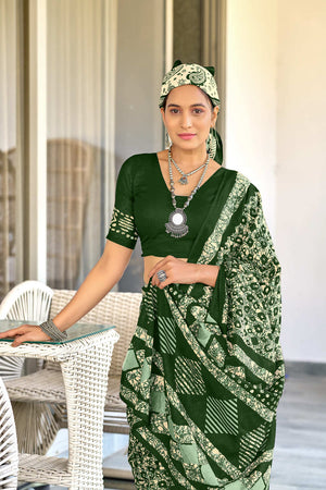 Green Hand Block Batik Print Mulmul Cotton Sarees Saree With Blouse Piece