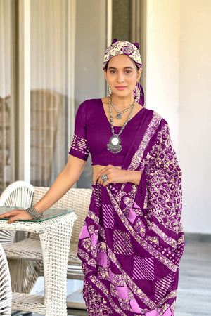 Purple Hand Block Batik Print Mulmul Cotton Sarees Saree With Blouse Piece