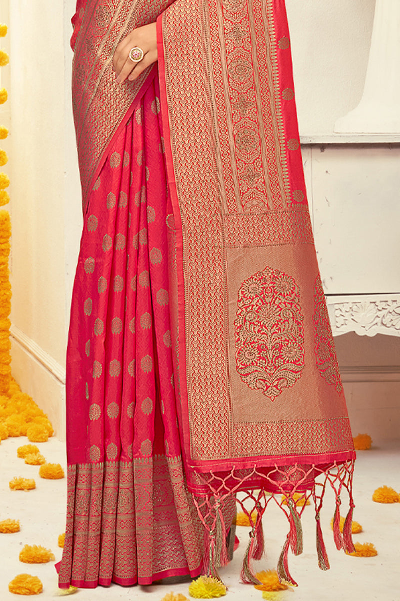 Buy Strawberry Red Banarasi Saree onlineKaragiri