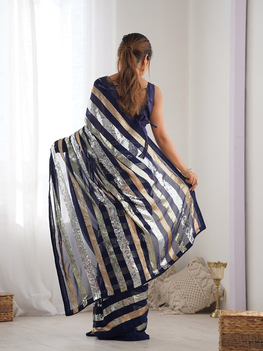 Blue Georgette Embellished Sequined Saree Saree With Blouse Piece Blue Georgette Embellished Sequined Saree Saree With Blouse Piece