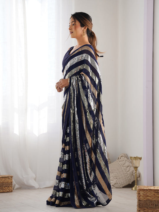 Blue Georgette Embellished Sequined Saree Saree With Blouse Piece Blue Georgette Embellished Sequined Saree Saree With Blouse Piece