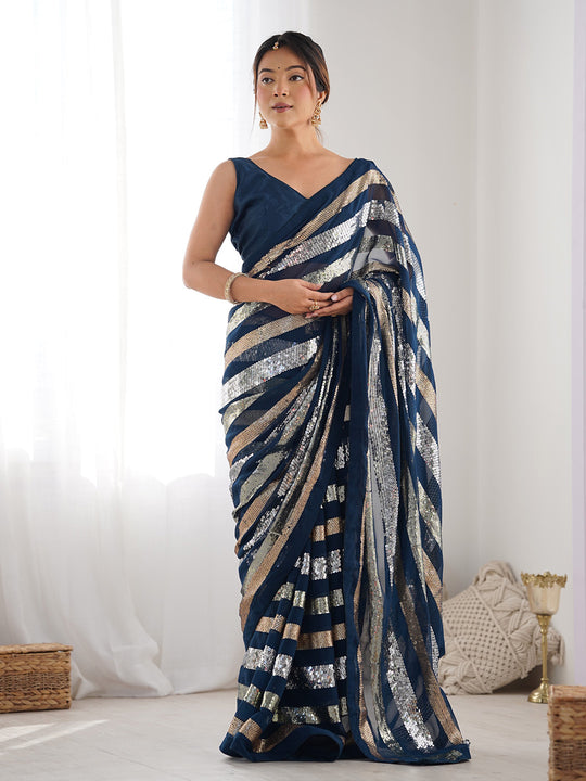 Teal Georgette Embellished Sequined Saree Saree With Blouse Piece Teal Georgette Embellished Sequined Saree Saree With Blouse Piece