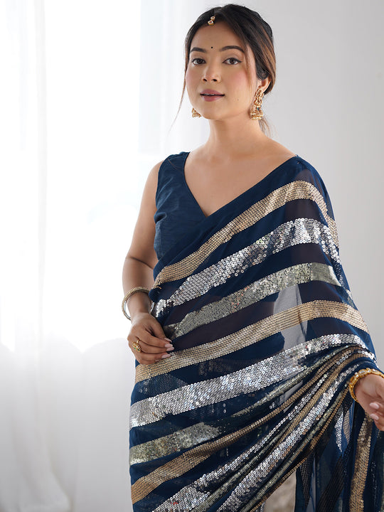 Teal Georgette Embellished Sequined Saree Saree With Blouse Piece Teal Georgette Embellished Sequined Saree Saree With Blouse Piece