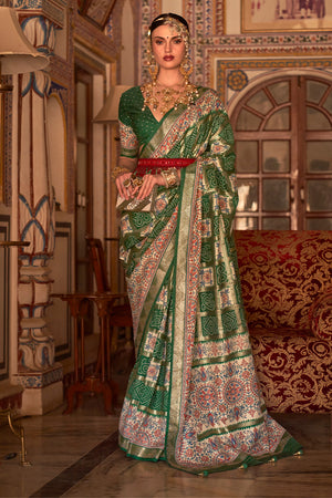 Dark Green Digital Printed Zari Silk Saree With Blouse Piece