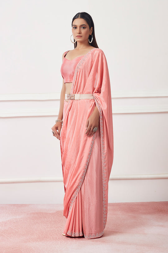 Peach Satin Georgette Saree With Blouse Piece Peach Satin Georgette Saree With Blouse Piece