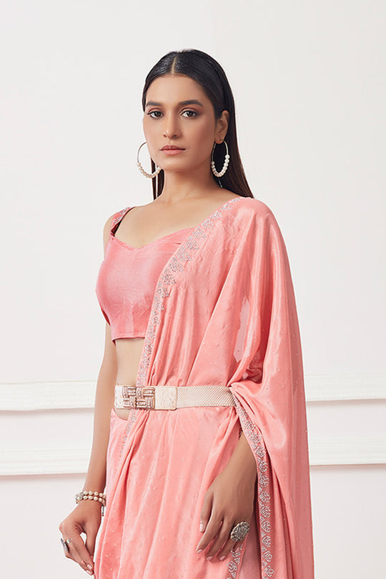 Peach Satin Georgette Saree With Blouse Piece Peach Satin Georgette Saree With Blouse Piece