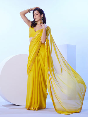 Lime Yellow Moss With Designer Lace And Unstitched Blouse